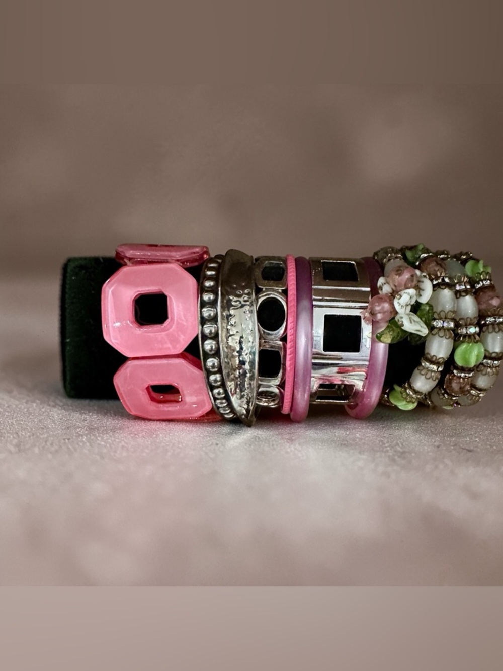 Vintage Pink & Green Bracelet Stack Multi-Strand Statement Beaded Cuff - Picture 2 of 3